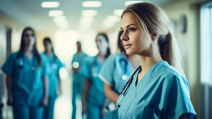 Fototapeta premium Team of beautiful female nurses or doctors in hospital or health clinic, professional photo for background banner or header