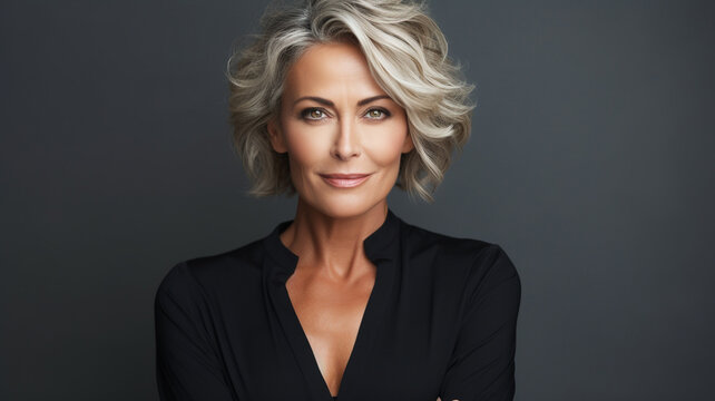 Middle aged female portrait photoshoot on studio background, banner or header, for skin care or anti aging beauty product