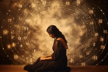 Rollo Sitting Woman Surrounded by Magic Numbers, Fortune Teller,  Numerology, Predict Future Concept © fotoyou