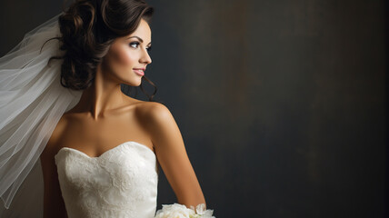 Beautiful female bride at wedding photoshoot wearing white dress or bridal gown