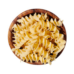 Pasta fusilli noodle in wooden bowl isolated on white, close up