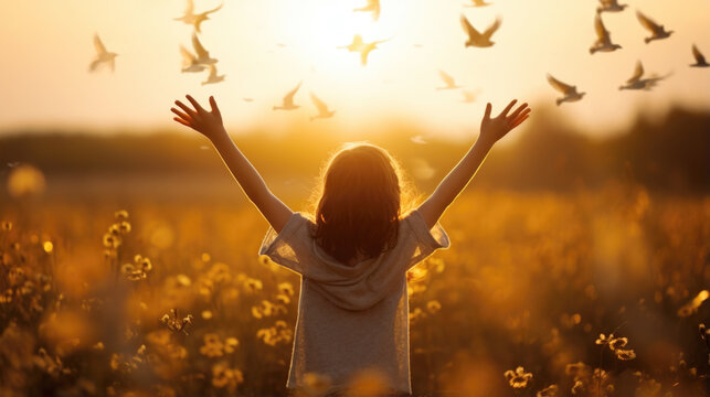 Girl Child with Hands Up During Sunset  Enjoying Nature and Flying Birds