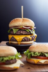 Cheeseburger with beef patty, cheese and pickles, Hamburger on wooden table with bokeh background, selective focus