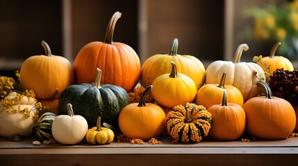 Pumpkin variations for Thanksgiving with an autumnal look. Small and large pumpkins such as Hakkaido and Butternut against a light background. - Generative AI