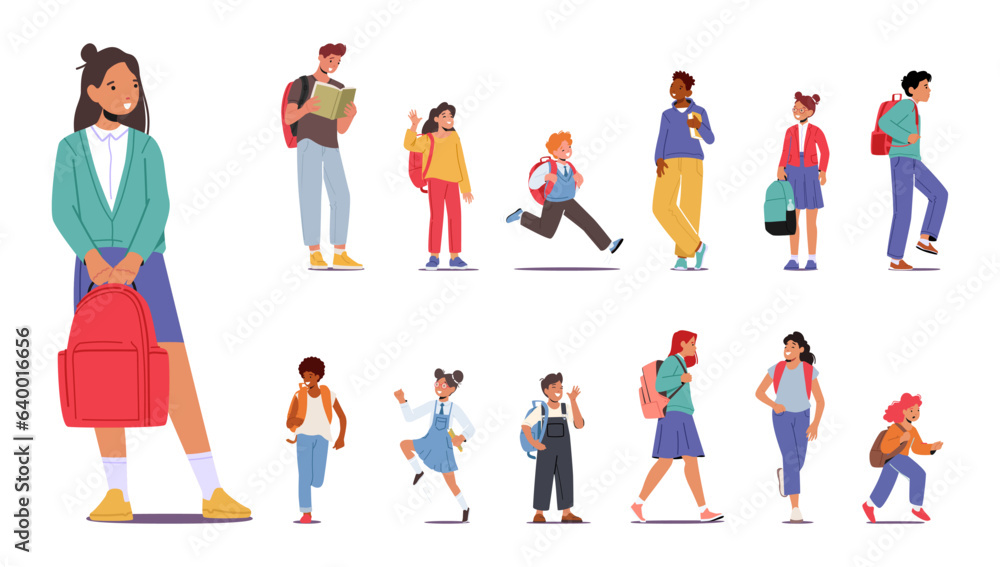 Poster set of eager student characters with backpacks slung over shoulders, bustling through halls, ready t