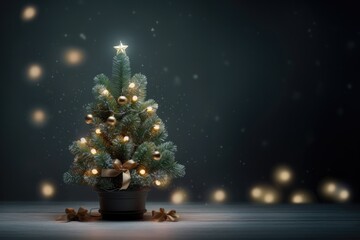 Small Christmas trees with decorations and lights on a blurred background, copy space