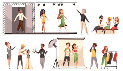 Clothes design and fashion show. Cartoon models defile catwalk, viewers appreciate new collection, designer creates dress, photographer shoots for glamorous magazine, tidy vector isolated set
