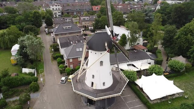 Aerial view of the De Witte Molen windmill in Nijmegen, Gelderland, Netherlands.