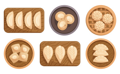 Set Of Different Dumplings On Wooden Plated And Boards. Steamed, Fried, Or Boiled Delectable Pockets Of Dough