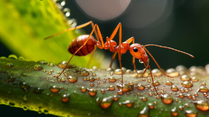 Red ant on a leaf macro photograph