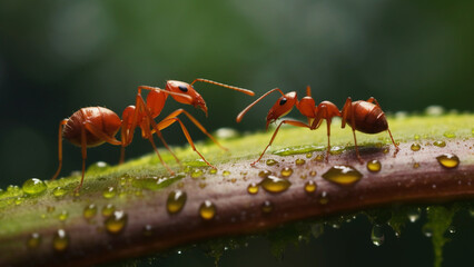 Two Red ants on a leaf macro photograph