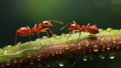 Two Red ants on a leaf macro photograph