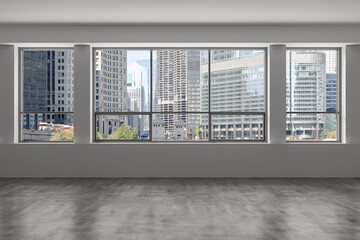 Downtown Chicago City Skyline Buildings from Window. Beautiful Expensive Real Estate. Epmty office room Interior Skyscrapers, River walk, bridge, waterfront view. Cityscape. Day time. 3d rendering.