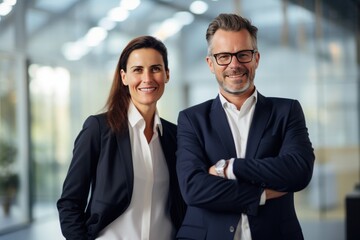 Business couple smiling in an office