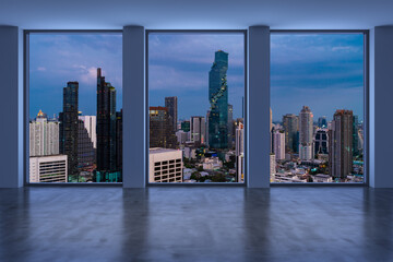 Fototapeta na wymiar Empty room Interior Skyscrapers View Bangkok. Downtown City Skyline Buildings from High Rise Window. Beautiful Expensive Real Estate overlooking. Sunset. 3d rendering.