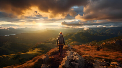 Captivating Tranquility: A Solo Female Hiker Embracing the Breathtaking Sunset View in the Great Outdoors, generative ai