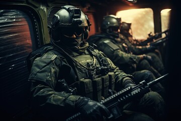 Soldiers inside the helicopter - obrazy, fototapety, plakaty