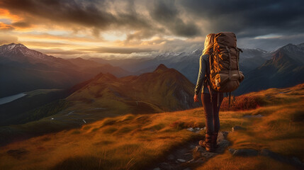 Captivating Tranquility: A Solo Female Hiker Embracing the Breathtaking Sunset View in the Great Outdoors, generative ai