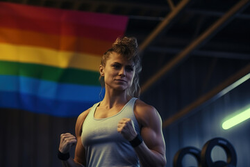 Fototapeta na wymiar Rainbow flag and a sports woman