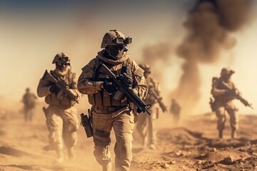Soldiers operating in the desert - obrazy, fototapety, plakaty