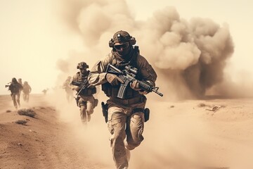 Soldiers operating in the desert - obrazy, fototapety, plakaty