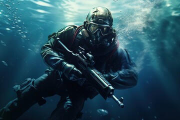 A soldier in the underwater navy. A soldier with a gun underwater. Underwater commando