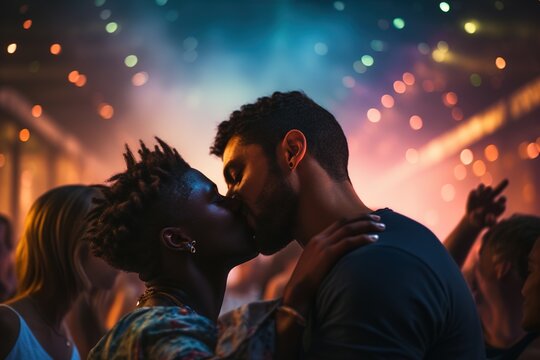 Gay couple kissing in nightclub