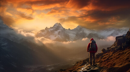 Captivating Tranquility: A Solo Female Hiker Embracing the Breathtaking Sunset View in the Great Outdoors, generative ai