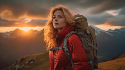 Captivating Tranquility: A Solo Female Hiker Embracing the Breathtaking Sunset View in the Great Outdoors, generative ai