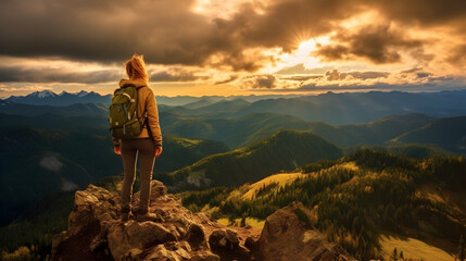 Fototapeta premium Captivating Tranquility: A Solo Female Hiker Embracing the Breathtaking Sunset View in the Great Outdoors, generative ai