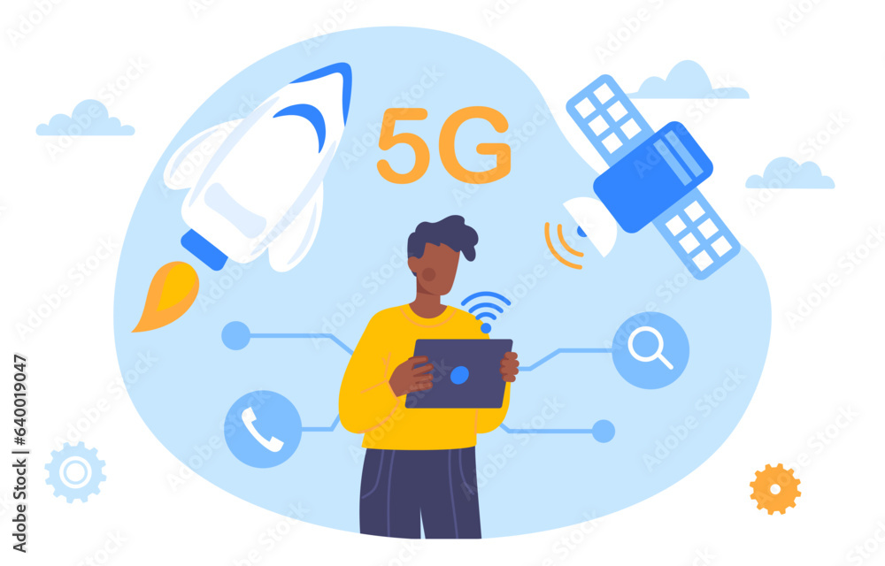 Poster man with 5g concept. young guy with tabet at background of satellite and rocket. mobile internet and