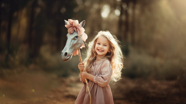 Generative AI, cute little girl holding a horse on a stick, hobbyhorsing, wooden toy for a child, sports for children, foal, horse racing, play the game, childhood, early development