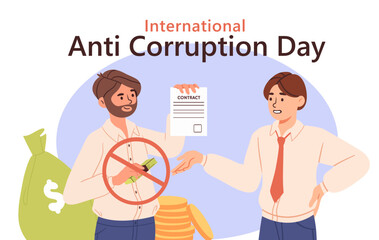 Anti corruption day concept. International holiday 9 december. Fighting bribes and breaking law. Political campaign and criminal prevention, society protection. Cartoon flat vector illustration