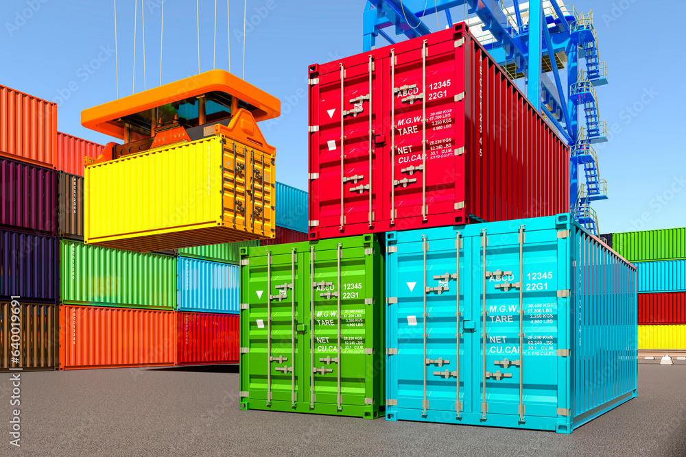 Poster harbor cranes with cargo container in container terminal, 3d rendering