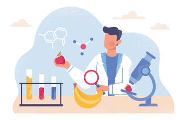 Man with biotechnology concept. Young guy in medical uniform with fruits and microscope in lab. Character with banana and strawberry with magnifying glass. Cartoon flat vector illustration