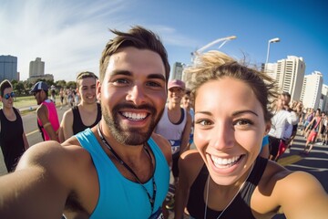Fototapeta na wymiar young couple participating in a marathon and taking a selfie