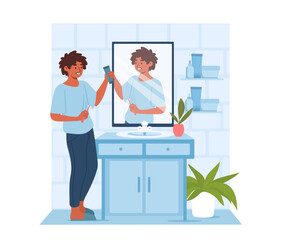 Boy brush teeth concept. Little guy with teethpaste and teethbrush near mirror with reflection. Cleanliness and hygiene, routine. Character with healthy lifestyle. Cartoon flat vector illustration