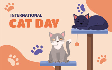 International cat day banner. Cute kittens at scratching post. Holiday, event and festival. Playful domestic animals and pets. Kindness and charity. Cartoon flat vector illustration - Powered by Adobe