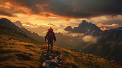Fototapeta premium Mountain Retreat: Sunset's Warm Embrace Over Snowy Peaks Seen from Hiker's Back, generative ai