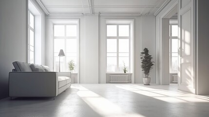 Fototapeta na wymiar White interior living room with white walls and panoramic windows,