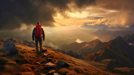 Mountain Retreat: Sunset's Warm Embrace Over Snowy Peaks Seen from Hiker's Back, generative ai