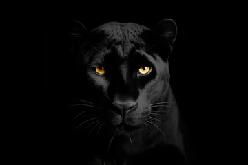  a black panther with bright yellow eyes on a black background © aninna