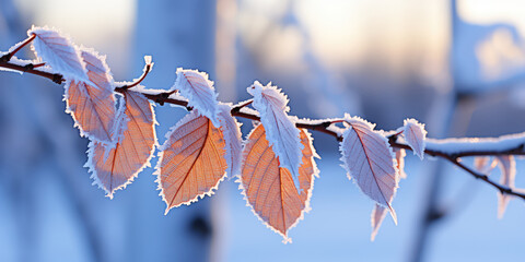 yellow leaves on a branch covered with frost
