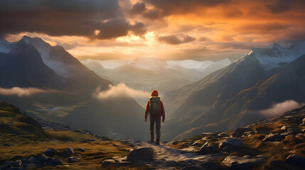 Serenity on High: Sunset and Snow-Capped Peaks from a Hiker's View, generative ai 