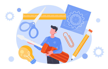 Man with crafting tools concept. Equipment for builders and contractors, toolbox inventory. Screwdriver, scissors, and light bulb, blueprint. Workshop and studio. Cartoon flat vector illustration
