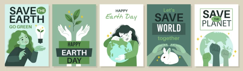 Zelfklevend Fotobehang Earth day cards. Global world saving posters, ecology and environment care, cute girl hugs planet, green energy, support plants, poster template, tidy vector cartoon flat isolated eco bio set © YummyBuum