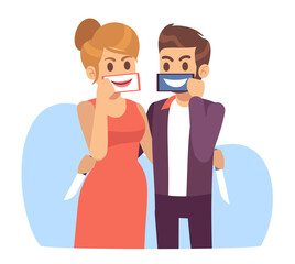 Obraz na płótnie Canvas Fake love and relationship, married couple hides anger and hatred behind fake smiles. Man and woman hugging, lying each other. Masking true feels. Cartoon flat isolated vector concept