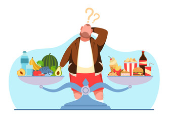 Fototapeta Fat man cant make choice between healthy and unhealthy food. Thinking character about junk meal snacks and fruit and vegetables on scales. Cartoon flat style isolated vector concept obraz