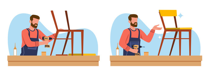 Male craftsman making chair, beginning of assembly and finished result. Hobby and leisure time. Professional carpenter, handyman makes furniture cartoon flat isolated vector concept