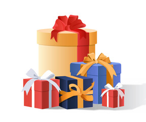 Gift boxes for birthday concept. Present and surprise for annual holiday and festival. Template, layout and mock up. Cartoon isometric vector illustration isolated on white background